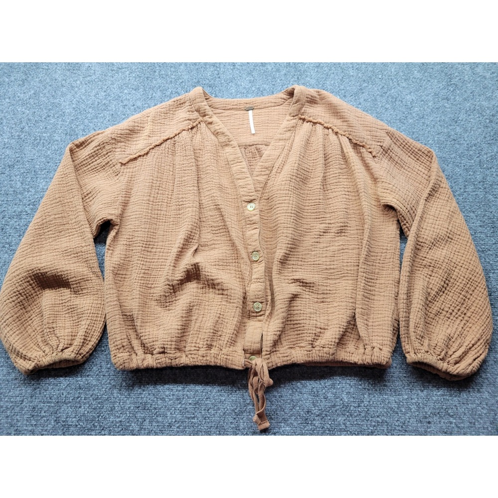 Free People Brown Cotton Gauze Button Down Drawstring Hem Top Small